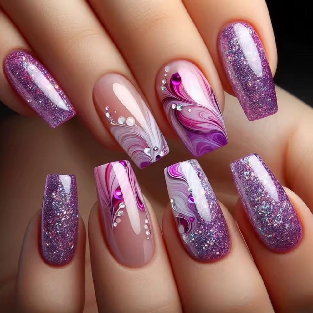 Purple Glitter and Swirl Nail Art